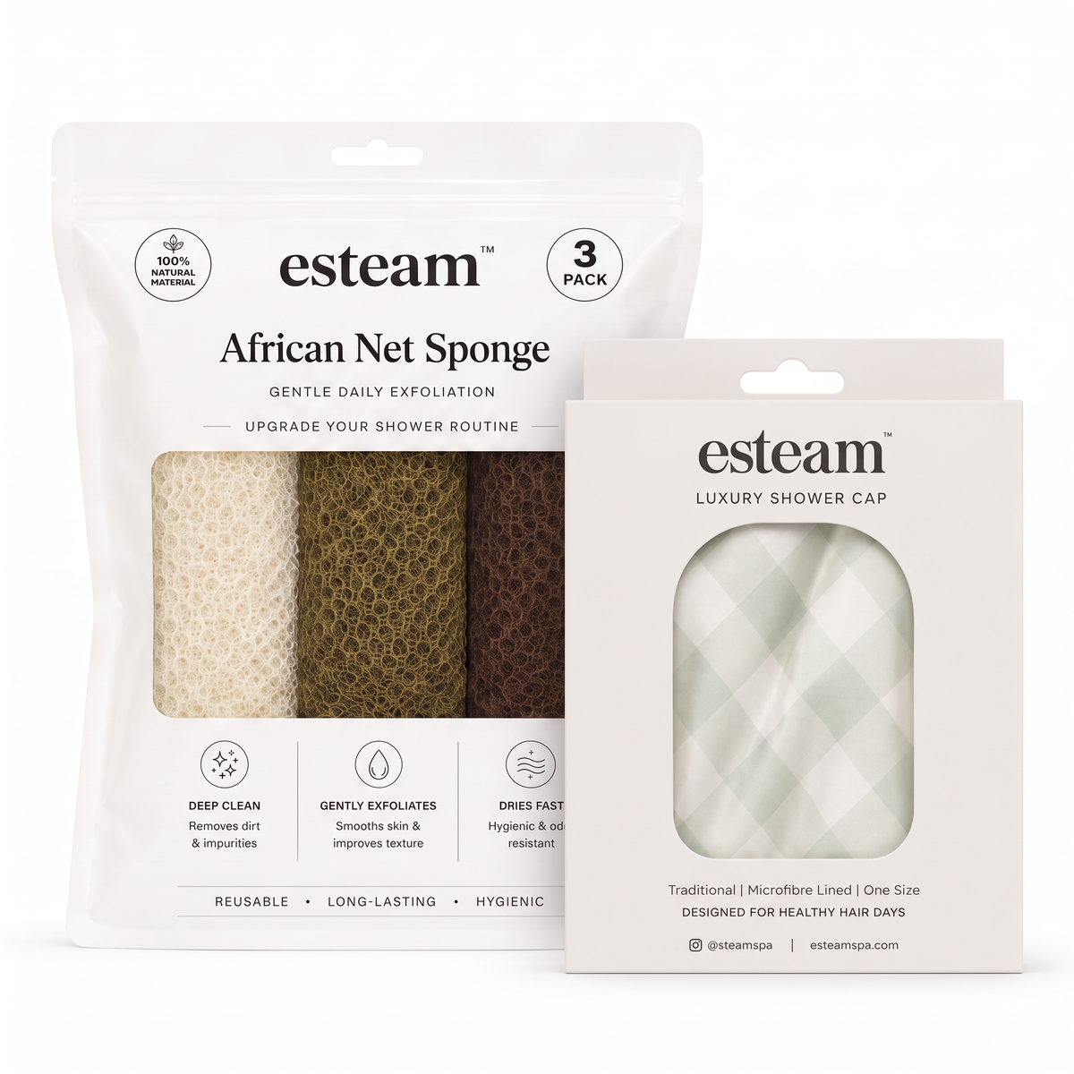 esteam Shower Cap & Sponge Duo - Sage Gingham cap packaging with Ivory, Olive & Mocha African net sponge pack