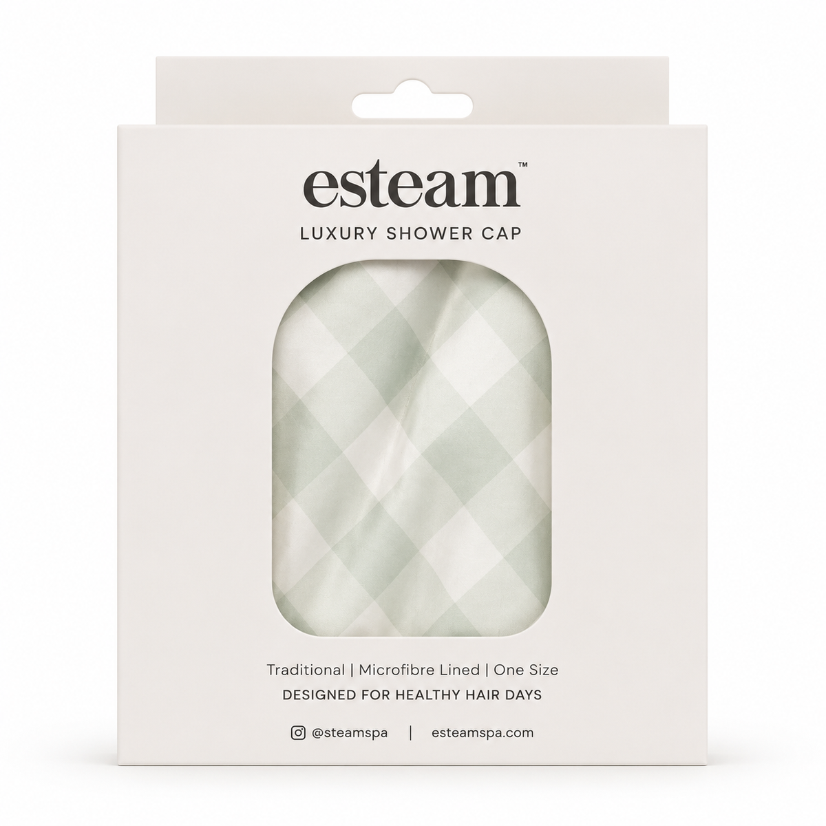 Esteam sage gingham luxury shower cap, detail