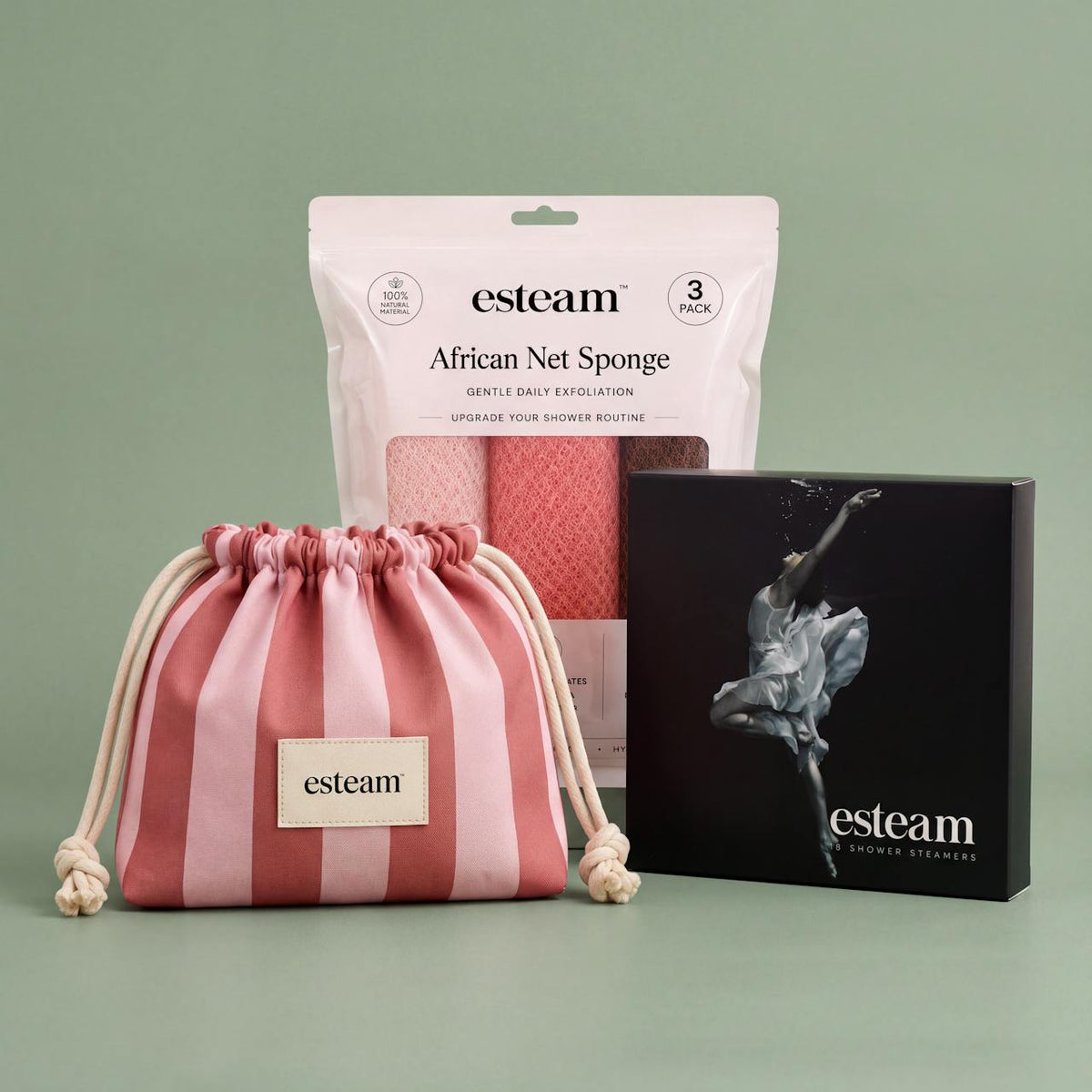 esteam Pamper Gift Set, Rose & Blush: rose and blush striped drawstring make-up bag, blush peach and cocoa African net sponge 3 pack and Ballet shower steamers