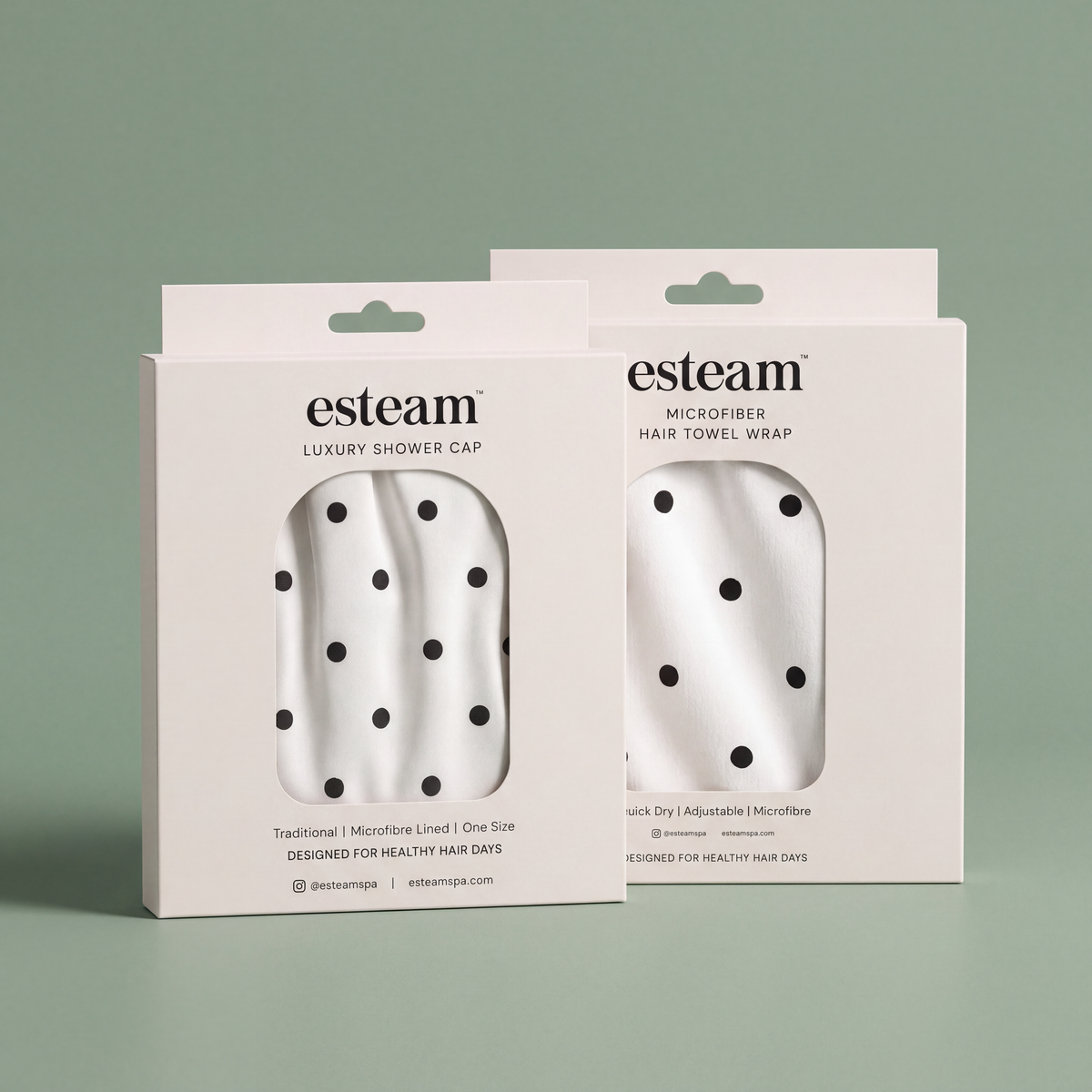 esteam Hair Care Duo, Polka Dot: polka dot luxury shower cap and polka dot microfibre hair towel wrap in boxed packaging