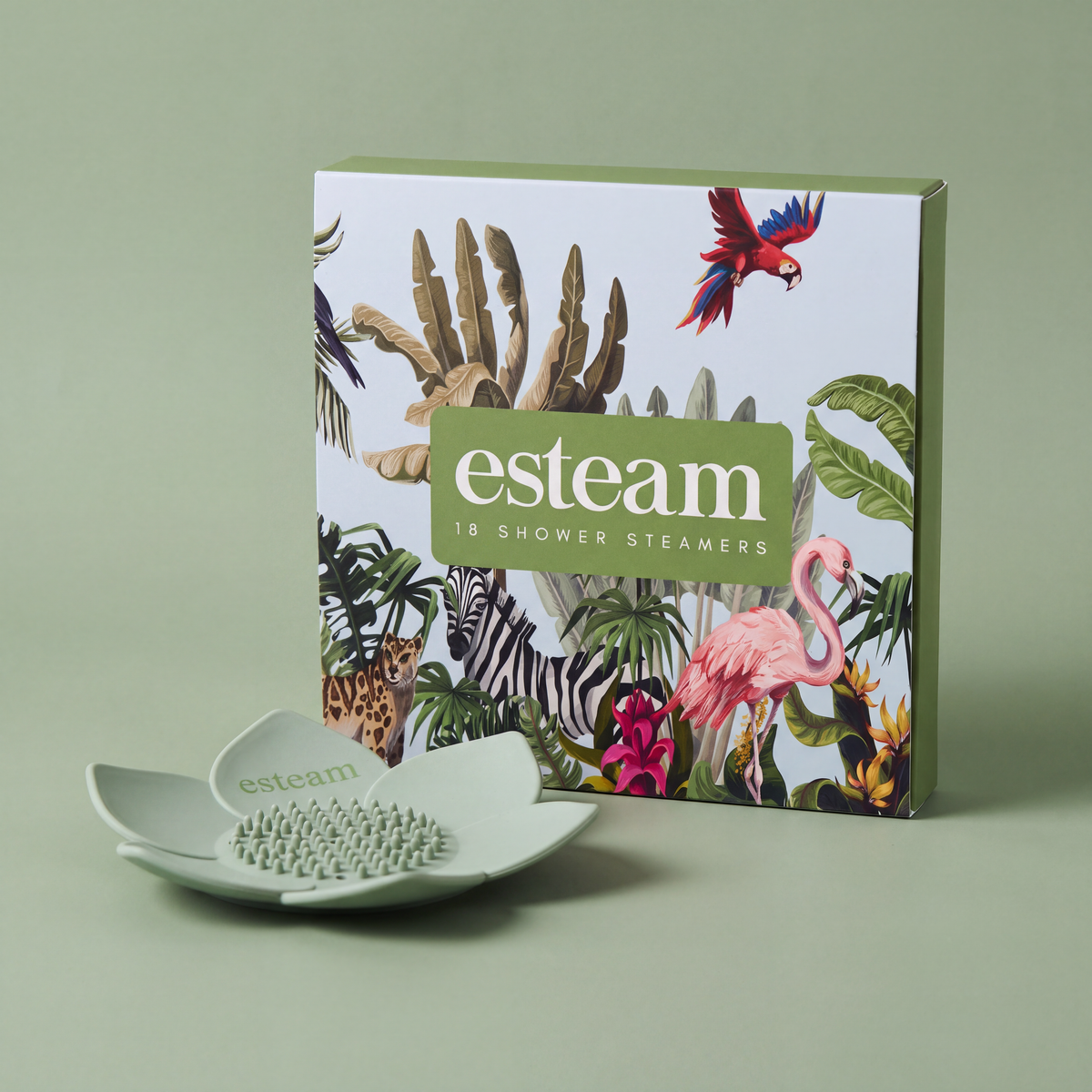 esteam Shower Steamer and Holder Duo, Jungle & Mint: Jungle shower steamers carton with mint silicone lotus holder tray