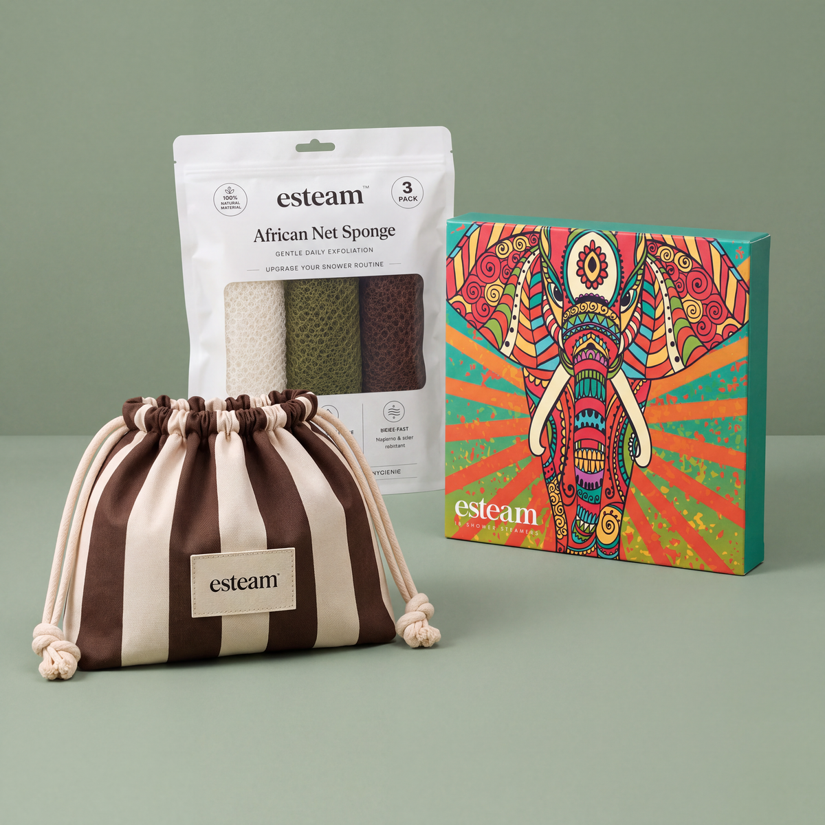 esteam Pamper Gift Set, Cocoa & Cream: cocoa and cream striped drawstring make-up bag, ivory olive and mocha African net sponge 3 pack and Elephant shower steamers