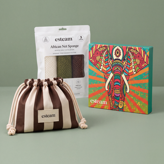 esteam Pamper Gift Set, Cocoa & Cream: cocoa and cream striped drawstring make-up bag, ivory olive and mocha African net sponge 3 pack and Elephant shower steamers