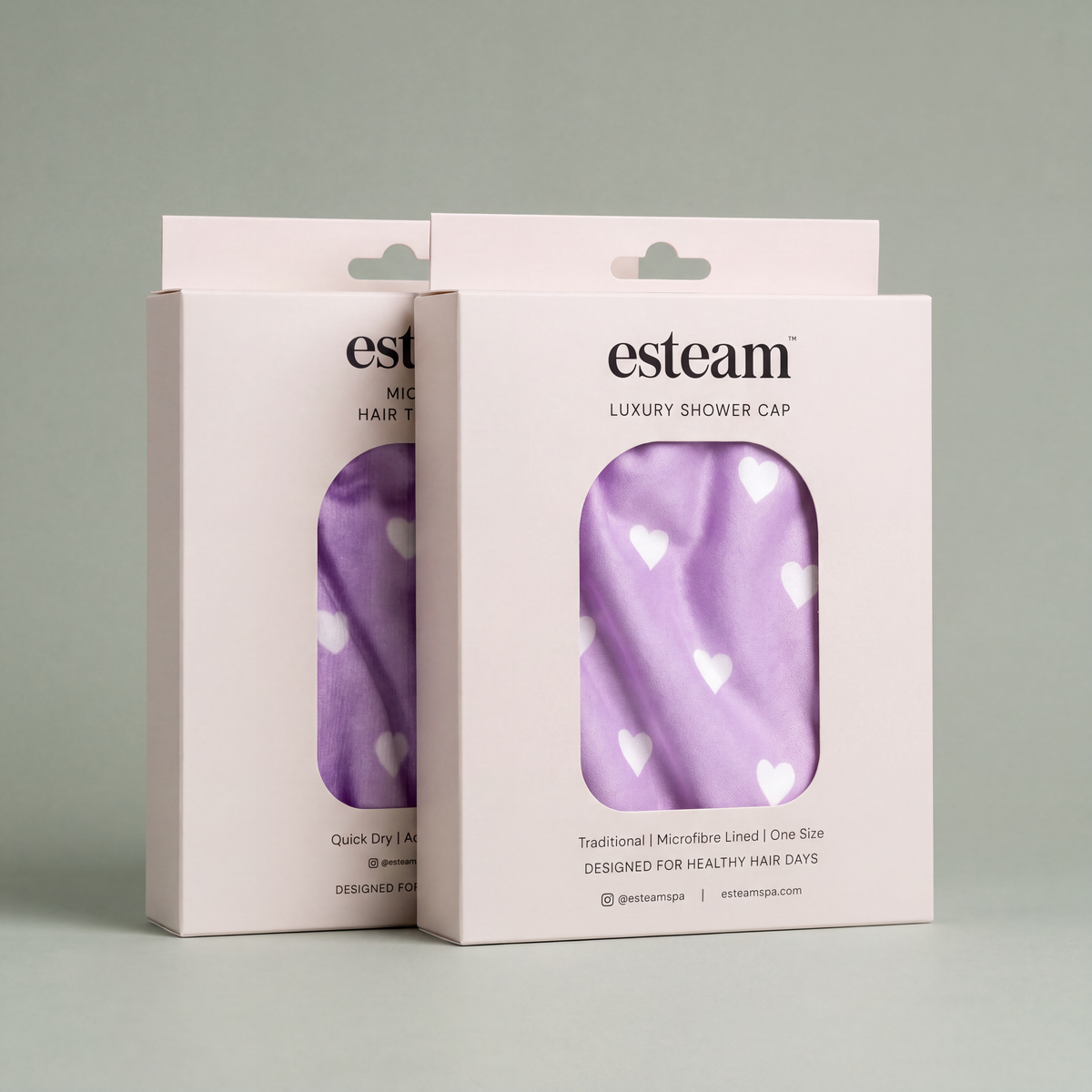 esteam Hair Care Duo, Lilac Heart: lilac heart luxury shower cap and lilac heart microfibre hair towel wrap in boxed packaging
