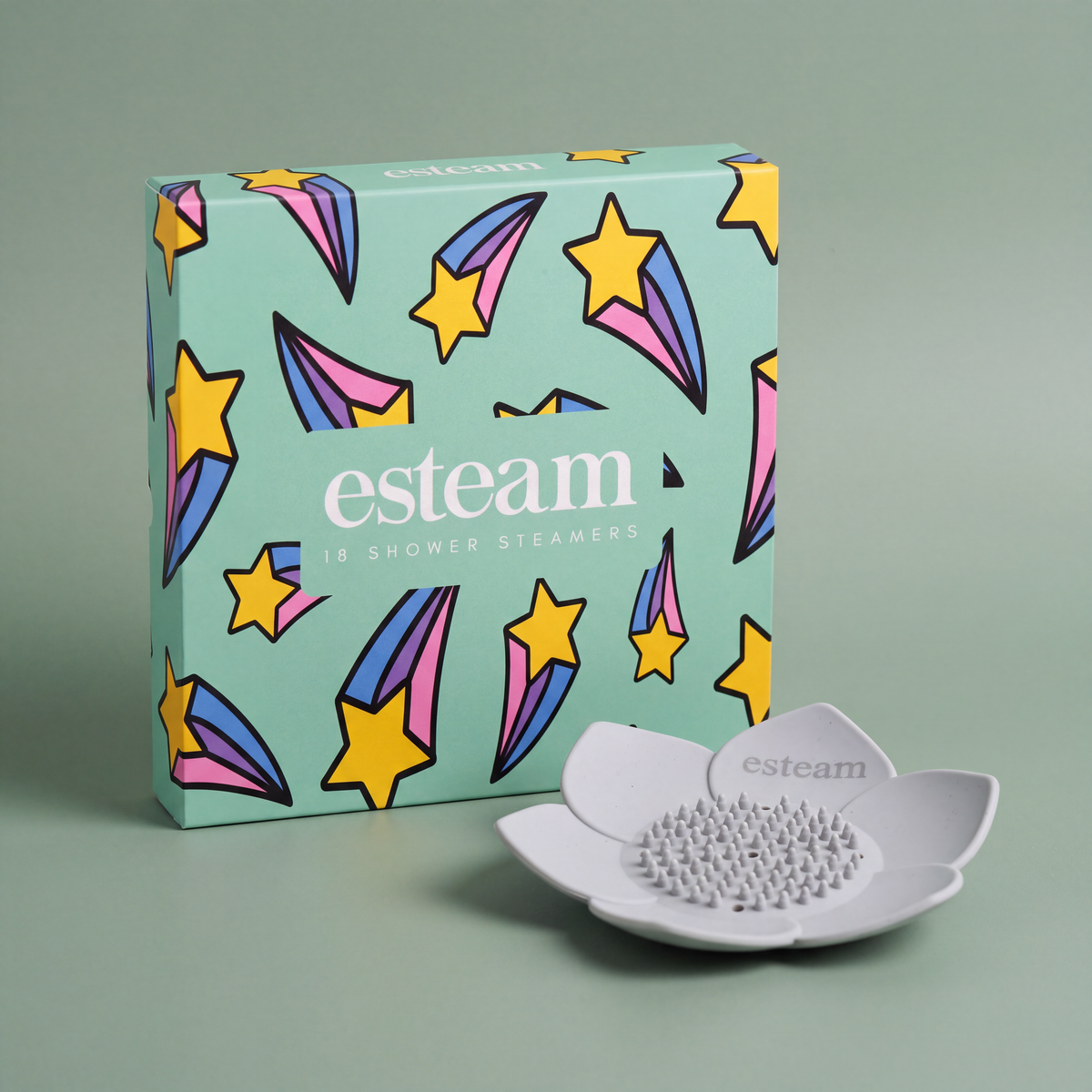 esteam Shower Steamer and Holder Duo, Shooting Star & Grey: Shooting Star shower steamers carton with grey silicone lotus holder tray