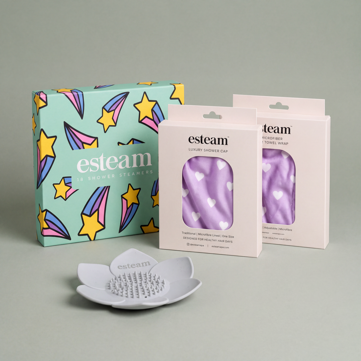 esteam Full Ritual Bundle, Shooting Star & Lilac: Shooting Star shower steamers carton, grey lotus tray, lilac heart luxury shower cap and lilac heart microfibre hair towel wrap