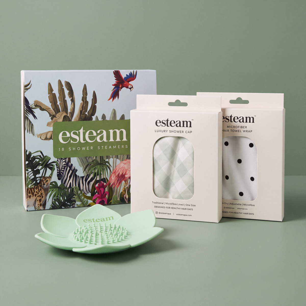 esteam Full Ritual Bundle, Jungle & Sage: Jungle shower steamers carton, mint lotus tray, sage gingham luxury shower cap and polka dot microfibre hair towel wrap