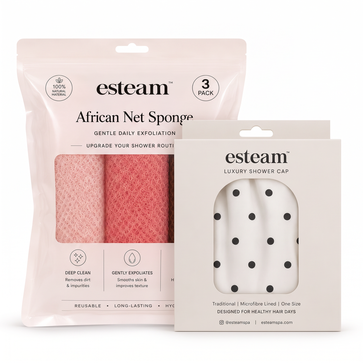 esteam Shower Cap & Sponge Duo - Polka Dot cap with Blush, Peach & Cocoa African net sponges
