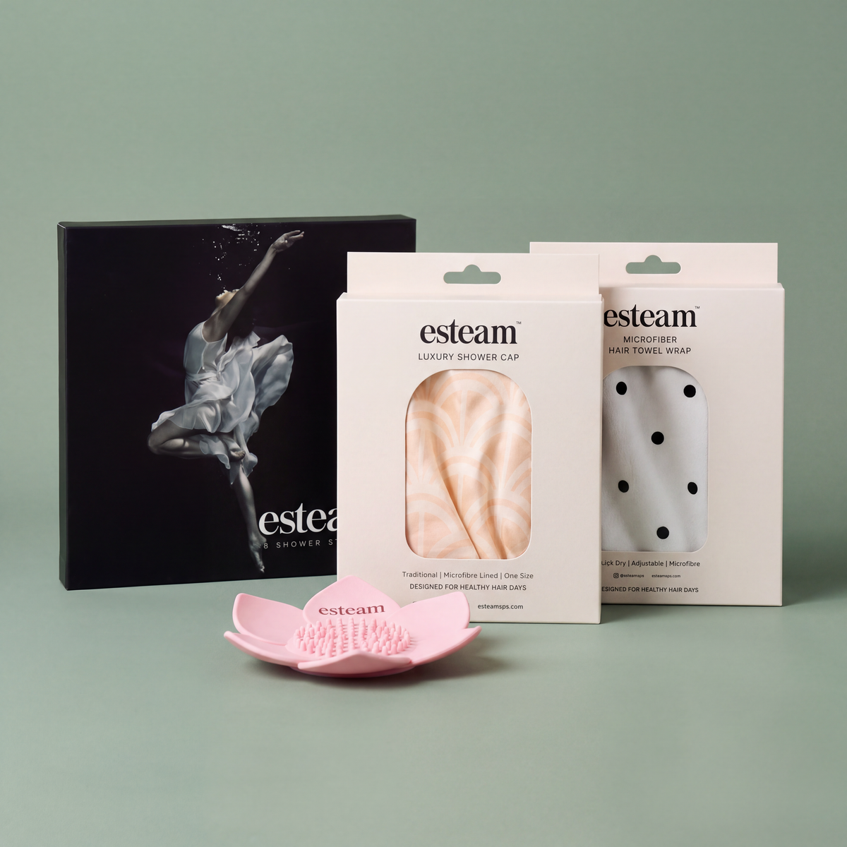 esteam Full Ritual Bundle, Ballet & Blush: Ballet shower steamers carton, pink lotus tray, art deco luxury shower cap and polka dot microfibre hair towel wrap