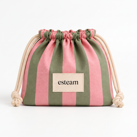 esteam Striped Drawstring Make-Up Bag - Pink & Sage