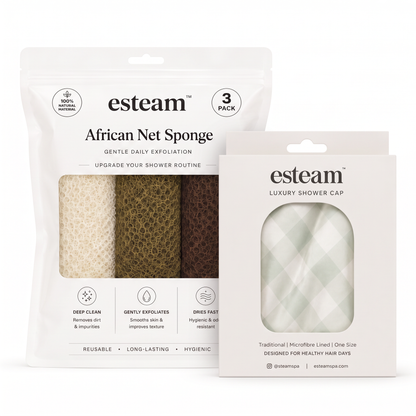 esteam Shower Cap & Sponge Duo - Sage Gingham cap packaging with Ivory, Olive & Mocha African net sponge pack