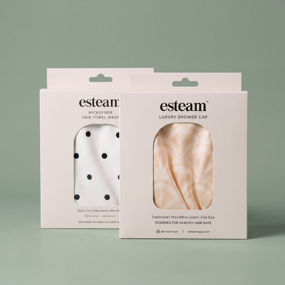 esteam Hair Care Duo, Art Deco: art deco luxury shower cap and polka dot microfibre hair towel wrap in boxed packaging