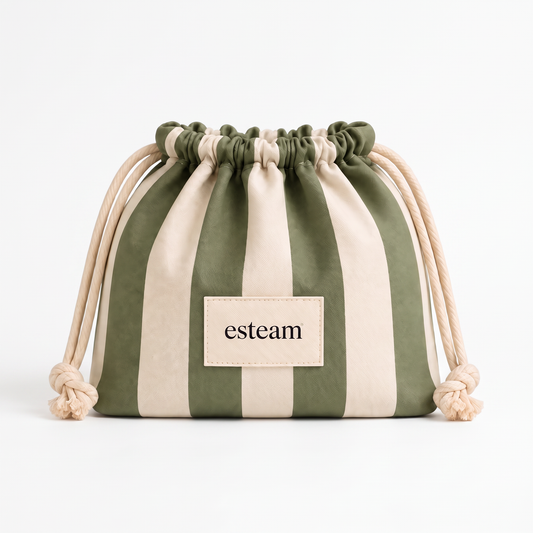 esteam Striped Drawstring Make-Up Bag - Sage & Cream