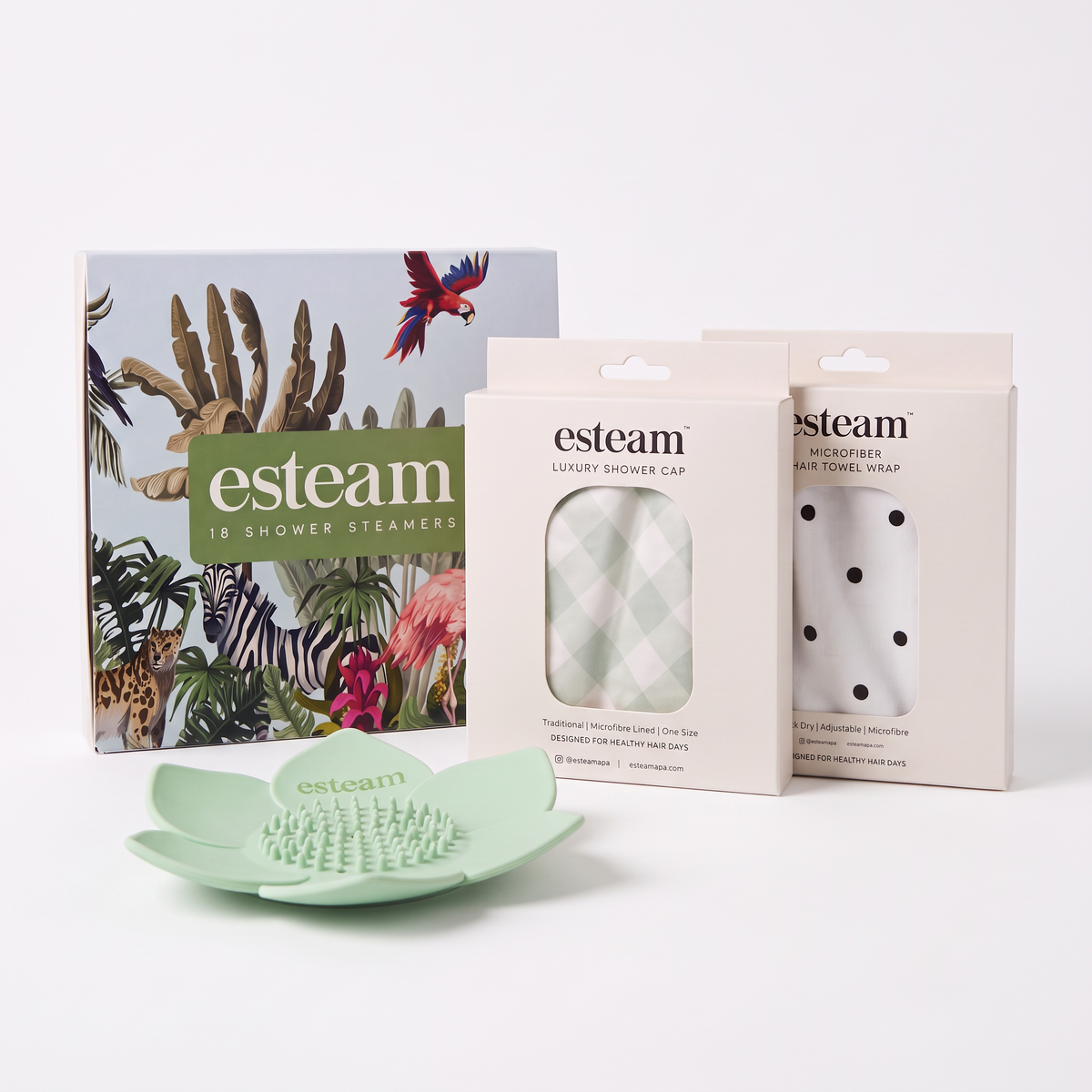 esteam Complete Spa Set - shower steamers, lotus holder, shower cap and hair wrap