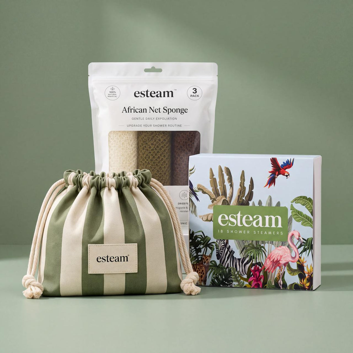 esteam Pamper Gift Set, Sage & Cream: sage and cream striped drawstring make-up bag, ivory olive and mocha African net sponge 3 pack and Jungle shower steamers