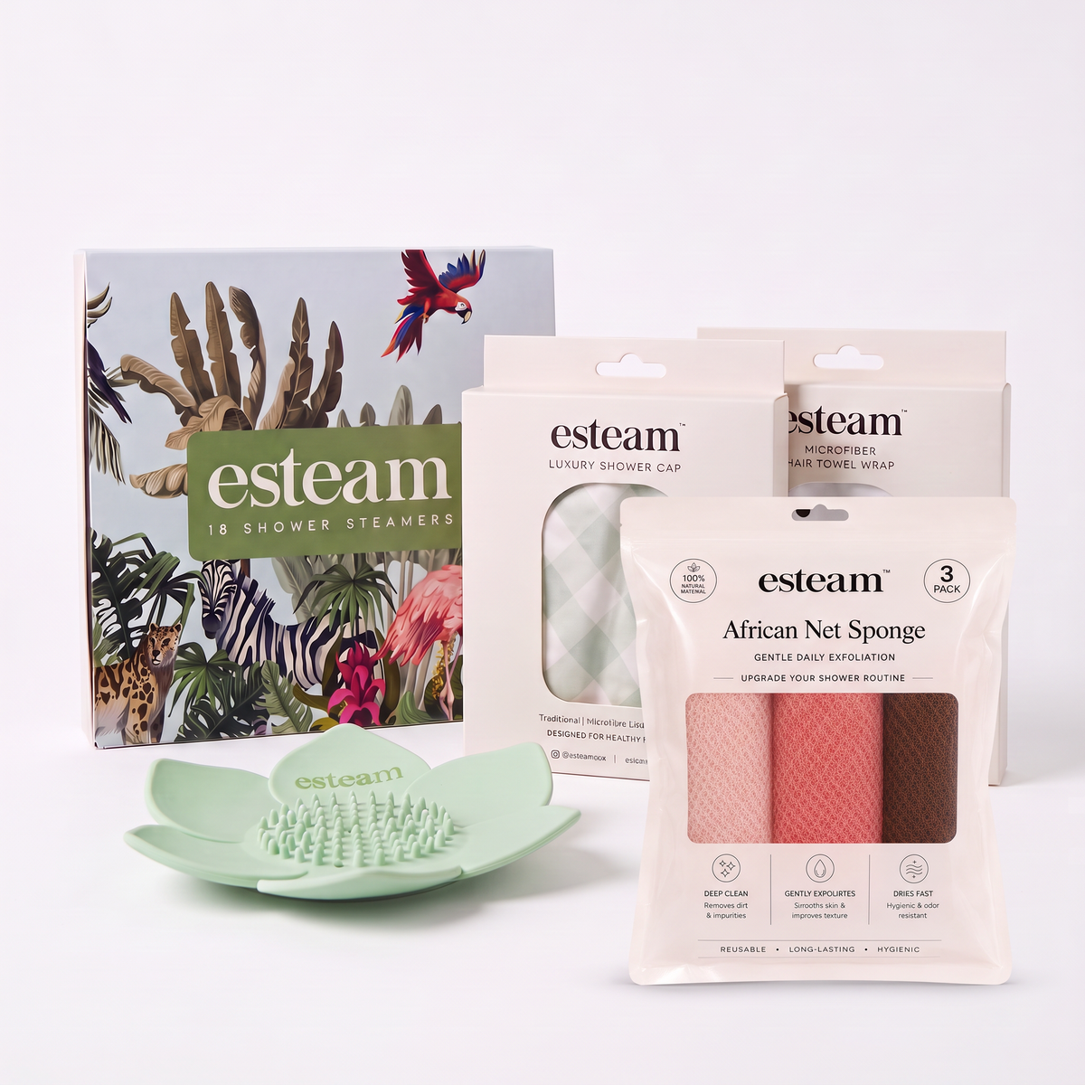 esteam Ultimate Shower Set - shower steamer, lotus holder, shower cap, hair wrap and African net sponges
