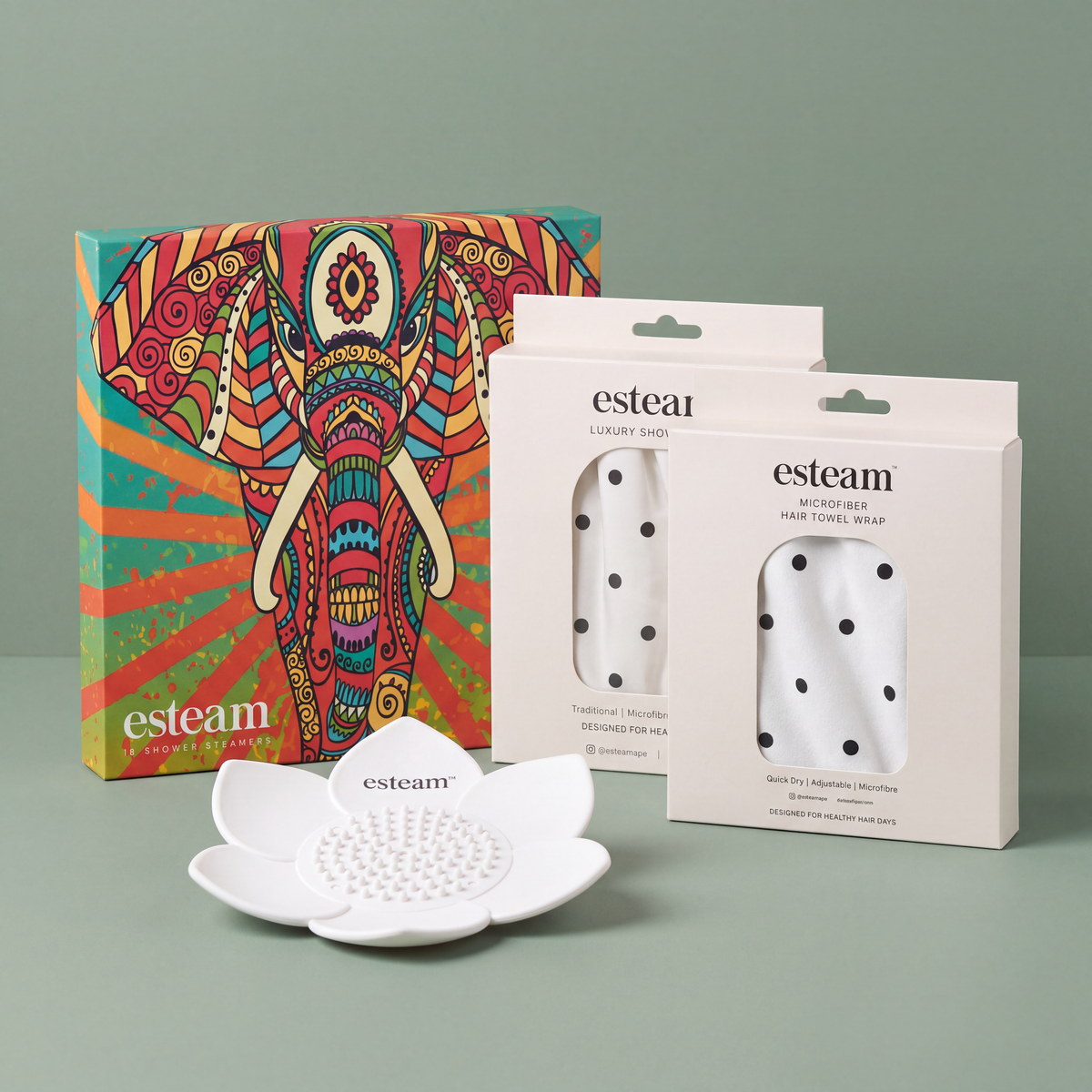 esteam Full Ritual Bundle, Elephant & Cream: Elephant shower steamers carton, white lotus tray, polka dot luxury shower cap and polka dot microfibre hair towel wrap