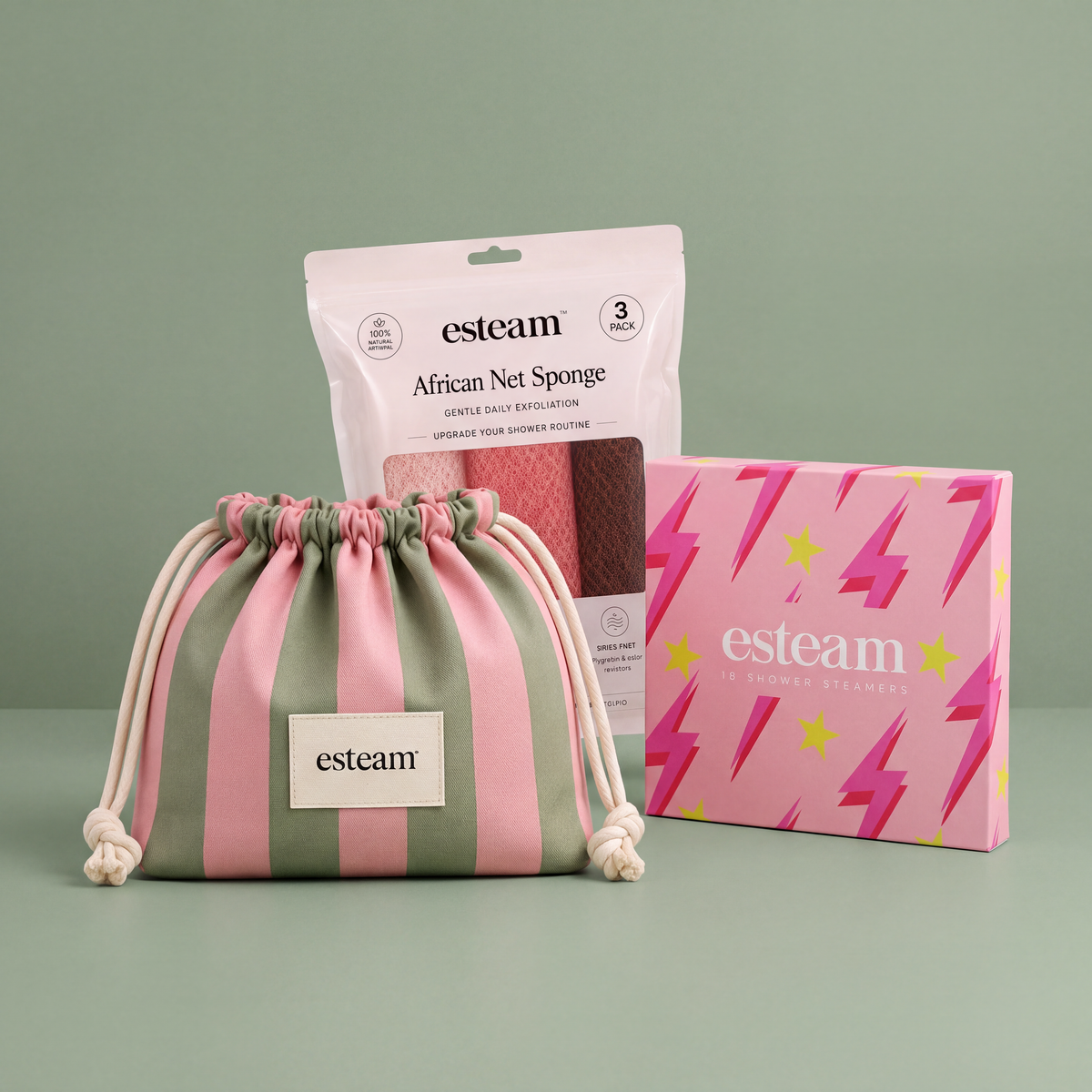 esteam Pamper Gift Set, Pink & Sage: pink and sage striped drawstring make-up bag, African net sponge 3 pack and Pink Lightning shower steamers