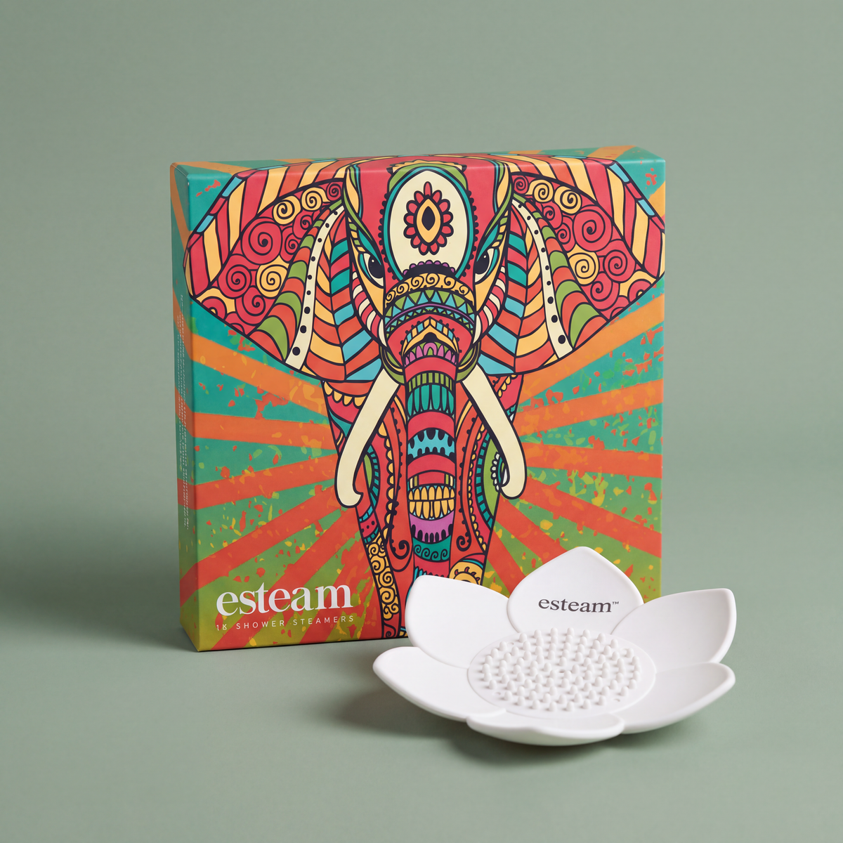 esteam Shower Steamer and Holder Duo, Elephant & White: Elephant shower steamers carton with white silicone lotus holder tray