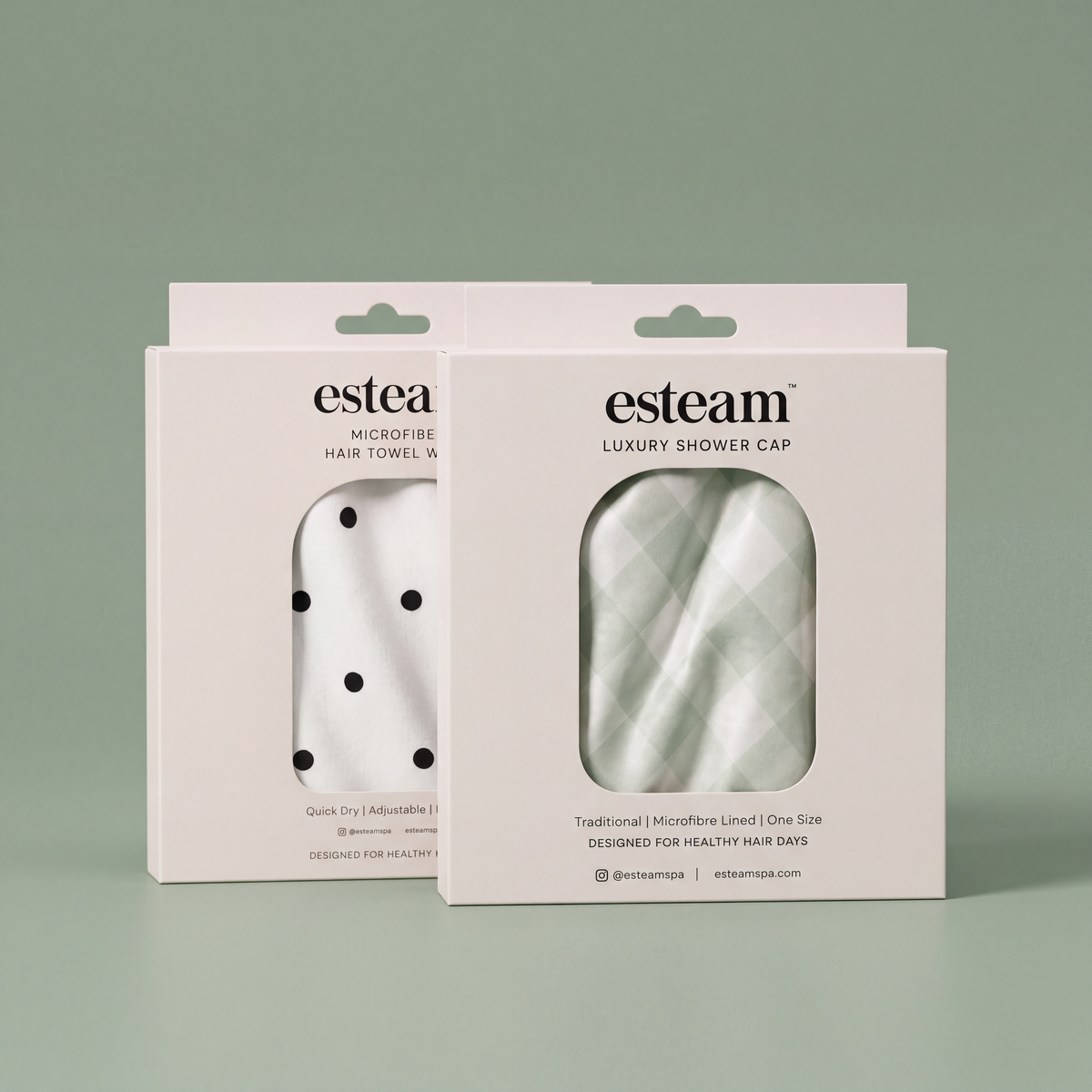 esteam Hair Care Duo, Sage Gingham: sage gingham luxury shower cap and polka dot microfibre hair towel wrap in boxed packaging