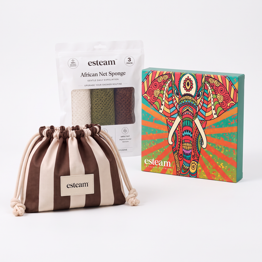 esteam Pamper Gift Set - make-up bag, African net sponge and shower steamers