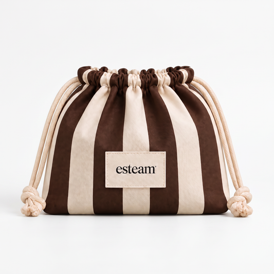 esteam Striped Drawstring Make-Up Bag - Cocoa & Cream
