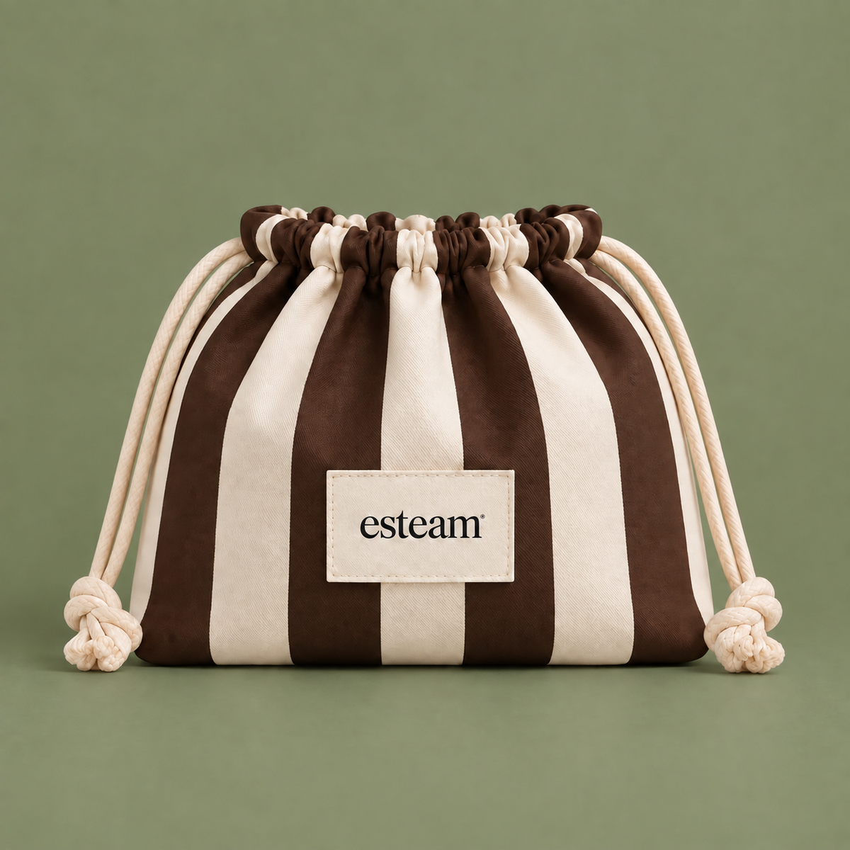 Esteam striped drawstring make-up bag in cocoa brown and cream, closed, front view